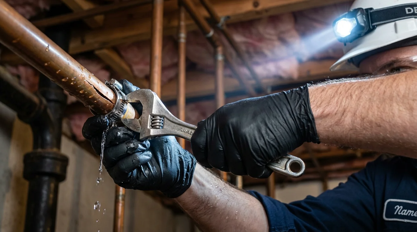 Emergency pipe clamp repair being performed by a Johns Plumbing LLC plumber in Laredo